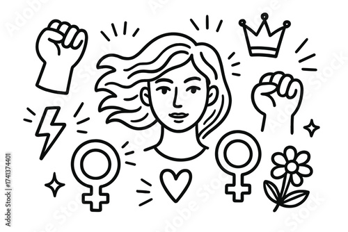 Woman power doodle icon set. Hand drawn vector line art. Feminism, girl power, equality concept. Female face, raised fist, gender symbol, crown. Strong woman illustration.