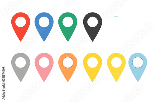 Map pin collection set. Vector location marker and pointer icons for gps navigation. Colorful destination place symbols. Travel position point sign isolated on white background.