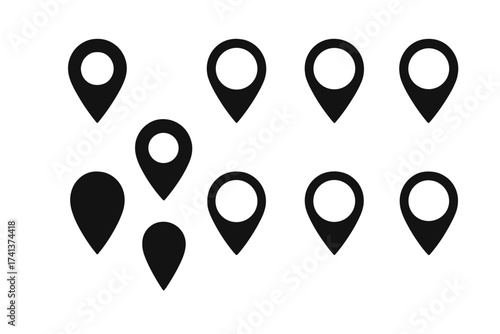 Map pin vector icon set. Location marker collection. GPS navigation pointer symbol. Geotag destination sign. Position place silhouette. Black isolated graphic element design.