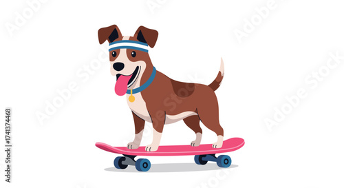 A happy dog wearing a headband and a collar rides a pink skateboard.