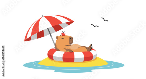 A cute capybara relaxing on a small island under a beach umbrella.