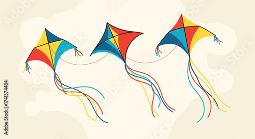 Three colorful kites flying in the sky on a breezy day.