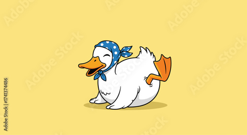 A cheerful duck with a bandana walks happily.