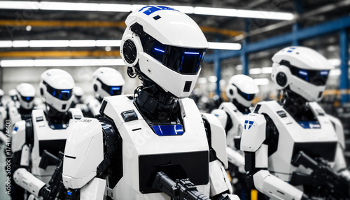 white androids with blue accents standing in formation in a large warehouse