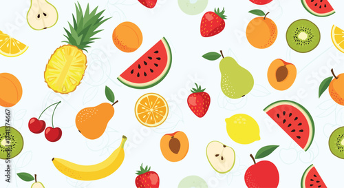 A vibrant seamless pattern featuring a diverse assortment of fresh whole and sliced fruits scattered across a light blue background.