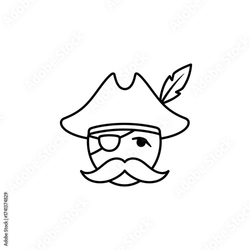 Cartoon Pirate Face with Eye Patch and Feathered Hat Illustration