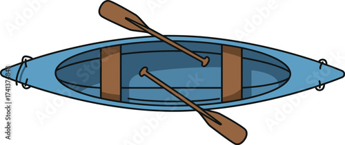Overhead view of a blue canoe with two brown paddles inside