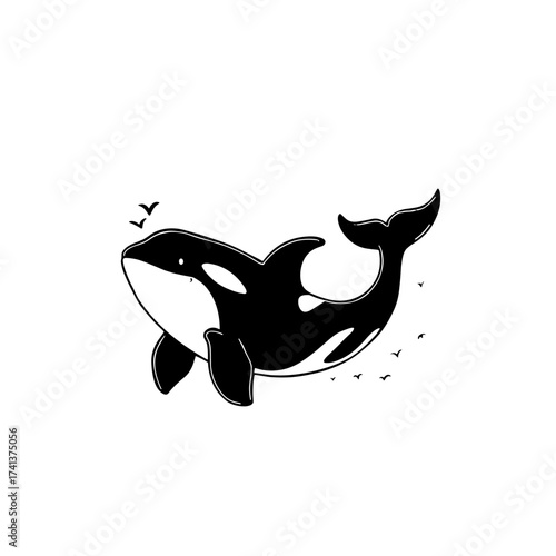 Orca. Orca simple black and white line art vector logo