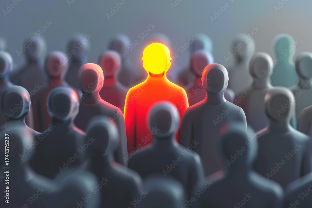 Obraz premium One colorful glowing figure among grey silhouettes, concept of individuality and uniqueness