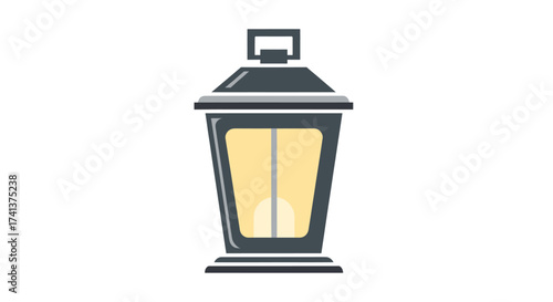 A classic dark grey metal lantern with a warm glowing light inside.
