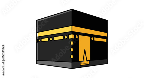 Stylized Kaaba Illustration: Black Cube with Golden Stripes.