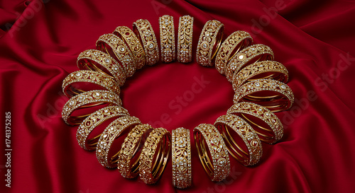Gold bangles arranged on red fabric background displaying elegance  