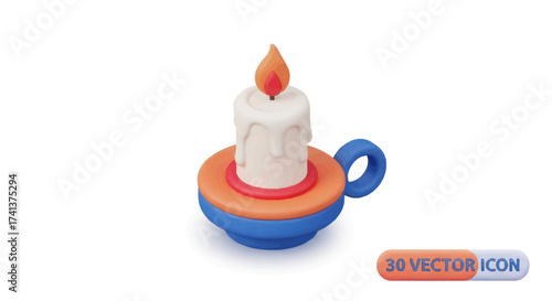 Cartoon Candle with Flame in Blue and Orange Holder.