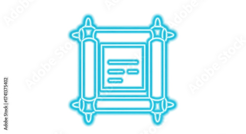 Glowing Neon Blue Scroll with Text and Decorative Frame.