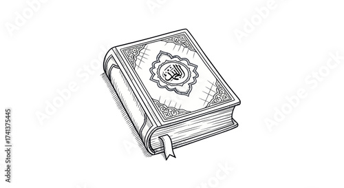 Detailed Sketch of the Holy Quran with Intricate Cover Design.