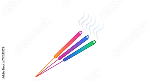 Colorful Burning Incense Sticks with Wisps of Smoke.