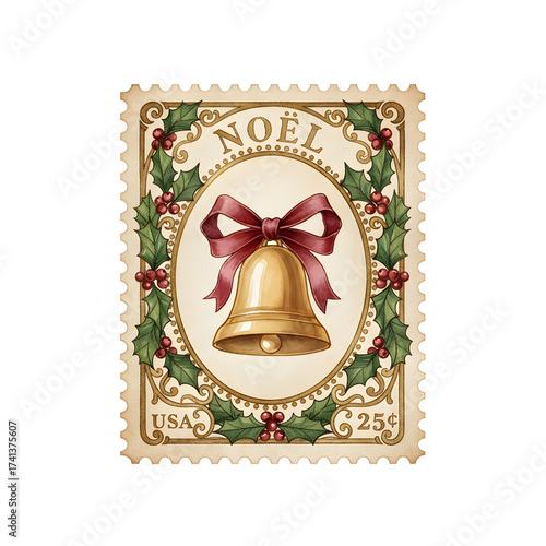 Vintage Christmas Bell Postage Stamp Illustration