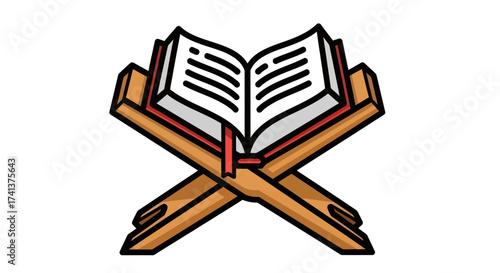 An illustrated open holy book the Quran resting on a traditional wooden rehal stand.