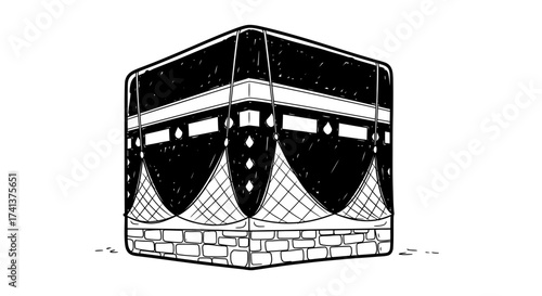 Stylized Black and White Illustration of the Kaaba in Mecca.