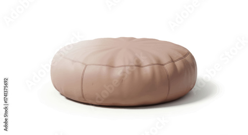 Round Beige Leather Pouf Ottoman for Comfortable Seating.