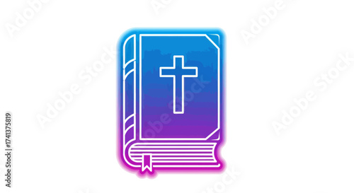 Vibrant Neon Glow Bible Icon with Gradient Colors and Cross Symbol.