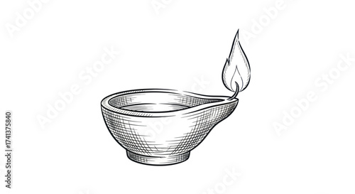 Hand-drawn Traditional Oil Lamp with Burning Flame Sketch.