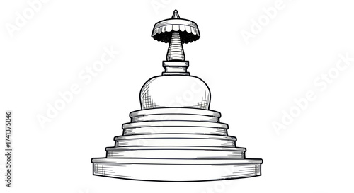 Detailed Sketch of a Traditional Buddhist Stupa Monument.