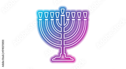 A glowing neon Hanukkah menorah with a vibrant blue and pink color gradient.