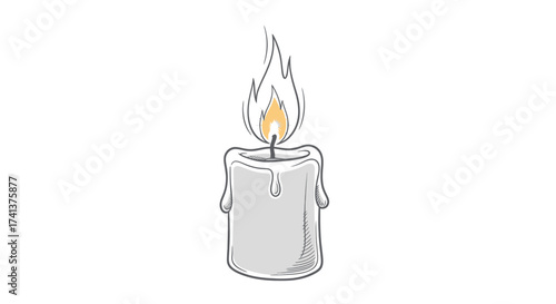 A simple hand-drawn illustration of a single lit white candle with melting wax drips.