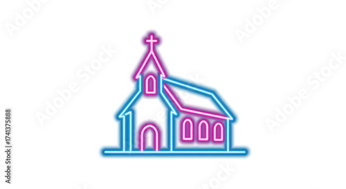 Vibrant Neon Outline Church Icon with Cross.
