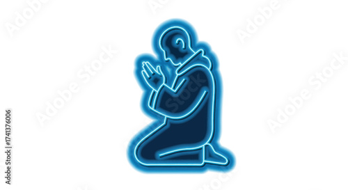 Glowing Blue Silhouette of a Person Kneeling in Prayer.