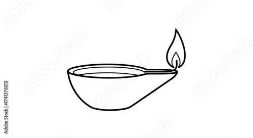 Simple Line Art Traditional Indian Diya Oil Lamp with Lit Flame.