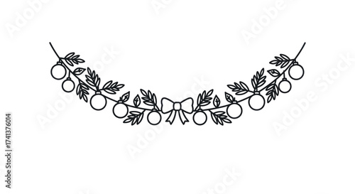 A curved black and white line art garland with leafy branches berries and a central bow.