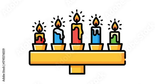 Five Colorful Lit Candles on a Golden Candlestick Icon.