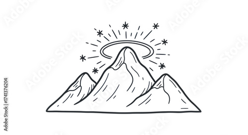 Mountain Peaks with Halo and Stars Hand-Drawn Illustration.