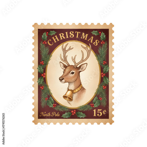Vintage-style postage stamp depicting a reindeer with antlers and a golden bell collar, surrounded by holly, pine branches, and berries on a rich burgundy background labeled “Christmas”