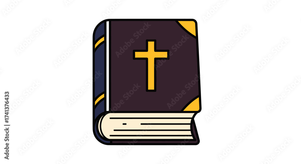 Fototapeta premium A simple cartoon illustration of a dark Holy Bible with a prominent golden cross on the cover.