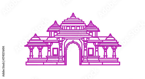 Pink Architectural Illustration of a Hindu Temple Structure.