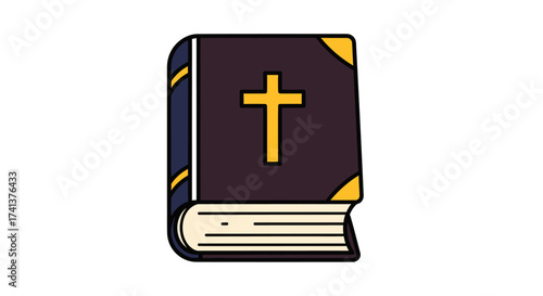 A simple cartoon illustration of a dark Holy Bible with a prominent golden cross on the cover.