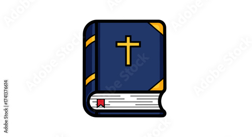 Illustrated blue Holy Bible with a golden cross on the cover.