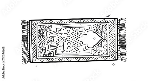 A black and white line art illustration of a traditional Islamic prayer rug with a mihrab design and geometric patterns.
