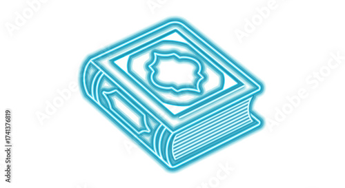 Glowing neon blue isometric outline of a sacred Islamic holy book.