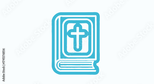 Blue Illustrated Bible with Cross Symbol on Cover.