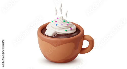 Steaming Hot Chocolate in Clay Mug with Whipped Cream and Sprinkles.