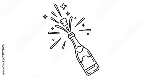 Hand-drawn Champagne Bottle Popping Cork with Celebratory Sparkles Line Art.