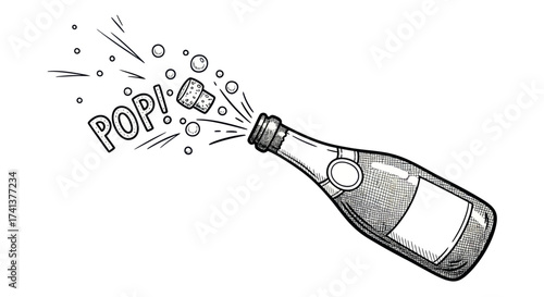 Champagne Bottle Popping with Cork and Bubbles Celebration Illustration.