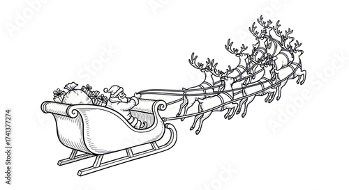 Santa Claus and his reindeer-drawn sleigh filled with gifts.
