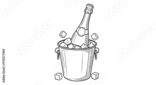 Elegant champagne bottle chilling in ice bucket hand-drawn line art illustration.