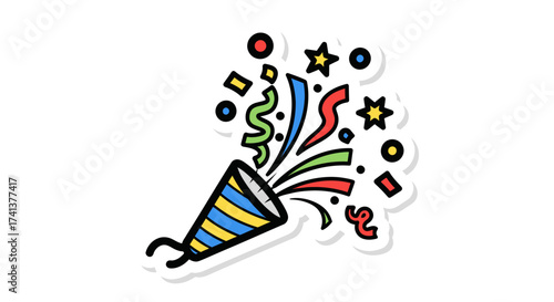 Colorful Party Popper Exploding with Confetti and Streamers.