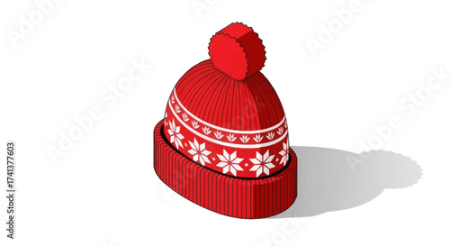 Red Knitted Winter Hat with Pompom and Snowflake Pattern.